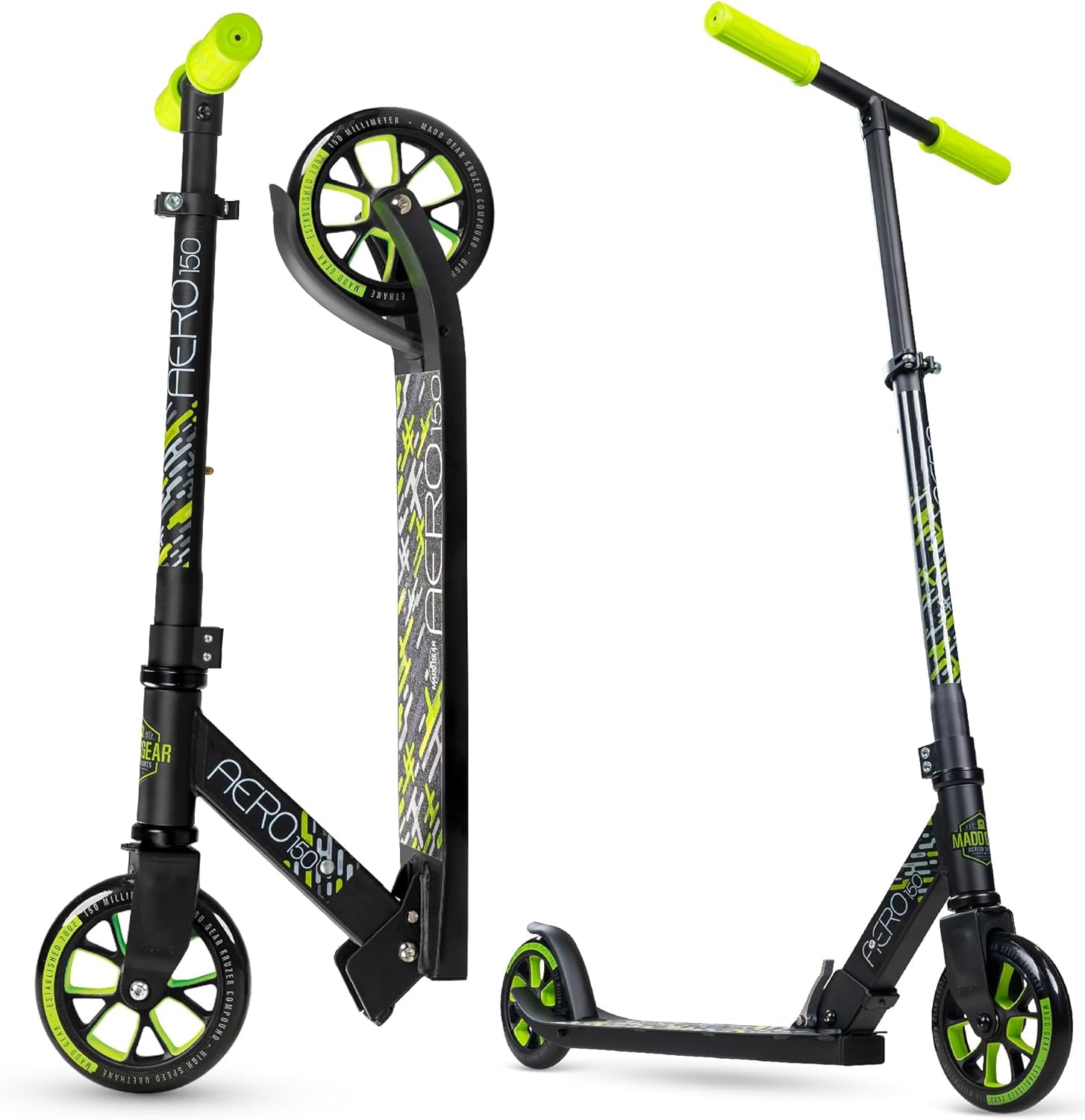 Madd Gear Aero 150 Kick Scooter - Suits Boys & Girls Ages 5  - Max Rider Weight 220lbs - Large 6 Wheels - Lightweight Folding Design