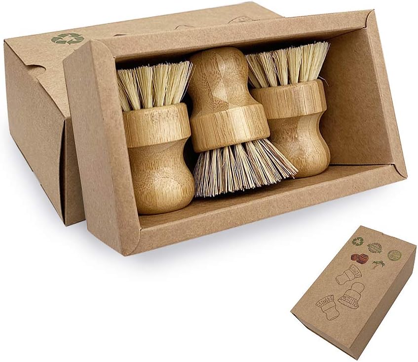 Palm Dish Brush- Bamboo Full Circle Dish Brush 3 Packs,Mini Pot Brush Natural Scrub Brush Durable Scrubber Cleaning Kit with Union Fiber and Tampico Fiber for Cleaning Pots, Pans and Vegetables