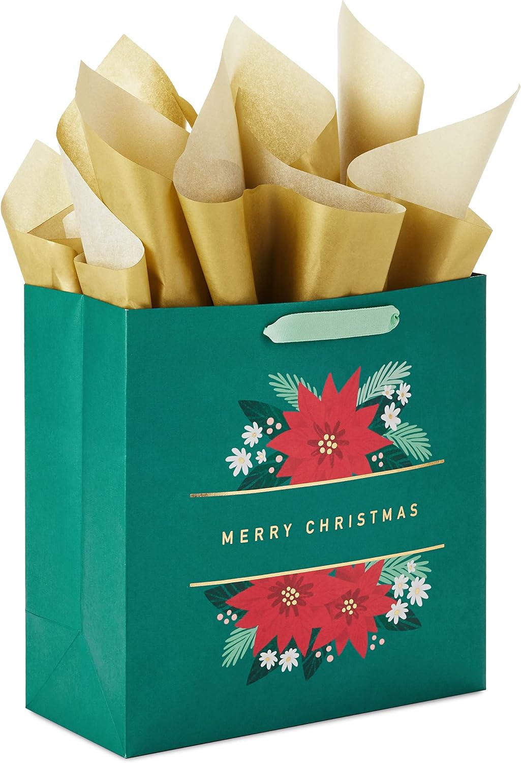 Hallmark Signature 10" Square Christmas Gift Bag with Tissue Paper (Emerald Green with Poinsettias, Gold "Merry Christmas") for Wife, Girlfriend, Mother, Daughter, Grandma, Teacher, Boss, Coworker