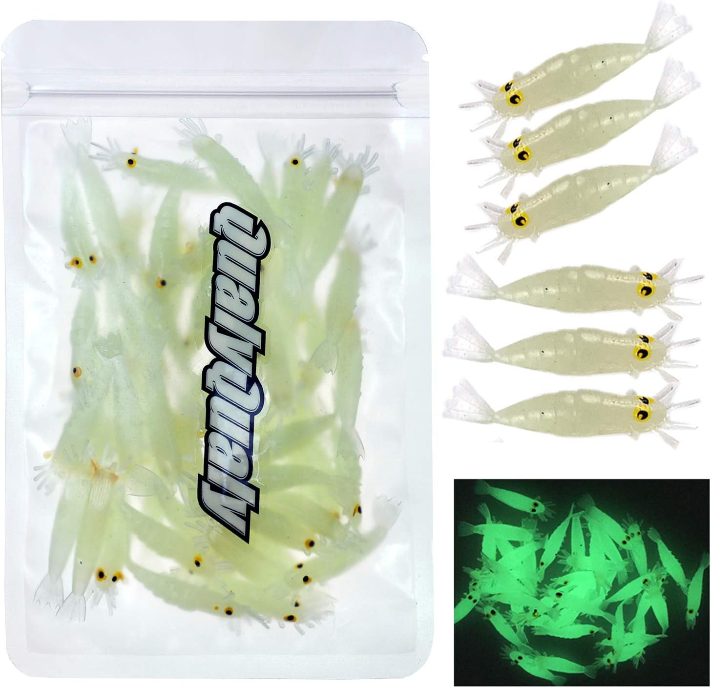 QualyQualy Fishing Soft Lures Artificial Bait Luminous Glow Shrimp Grub Worms Lure Ice Fishing Lures for Bass Walleye Trout Crappie 54pcs