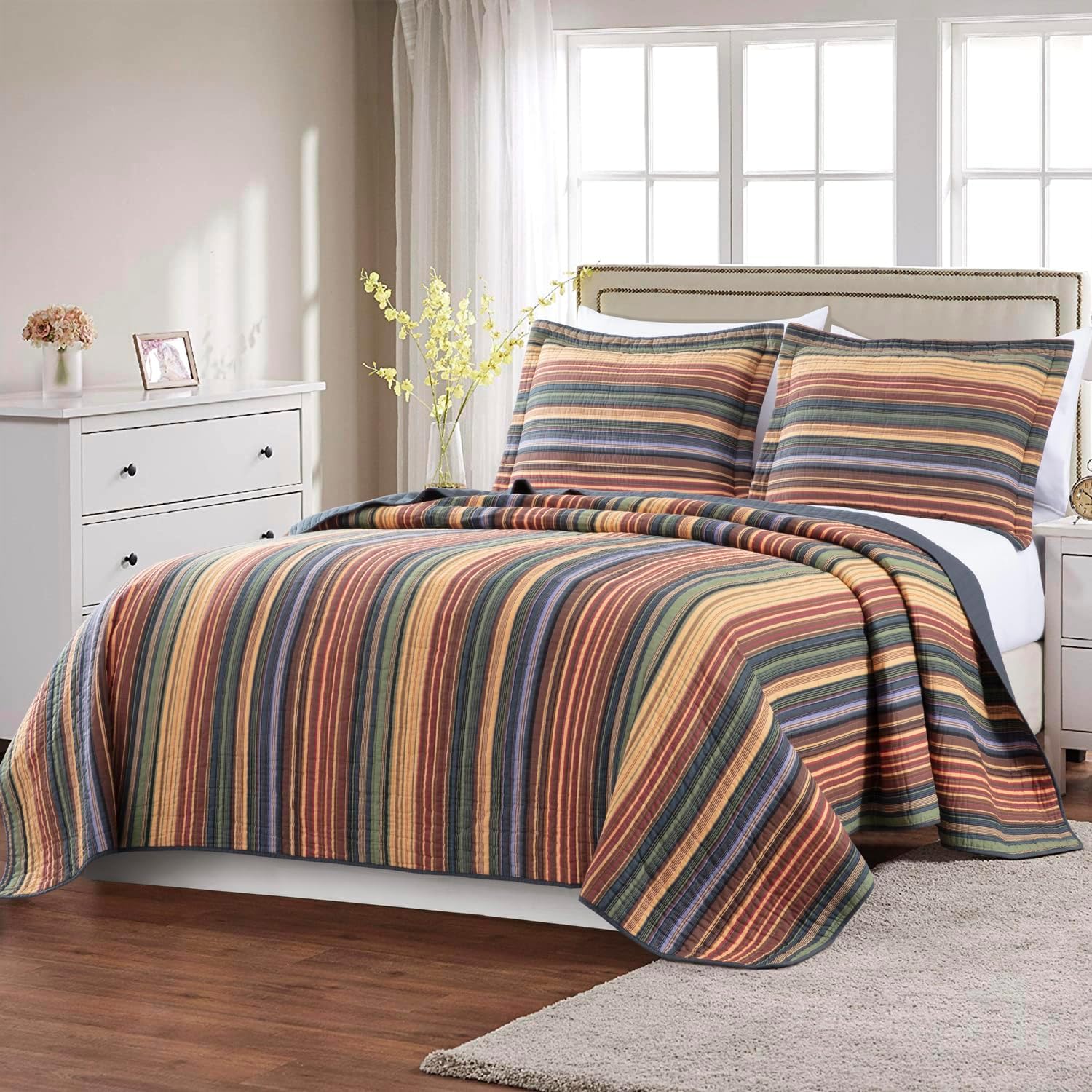 Chezmoi Collection Avery 3-Piece Multi-Color Striped 100% Washed Cotton Quilt Set King Size