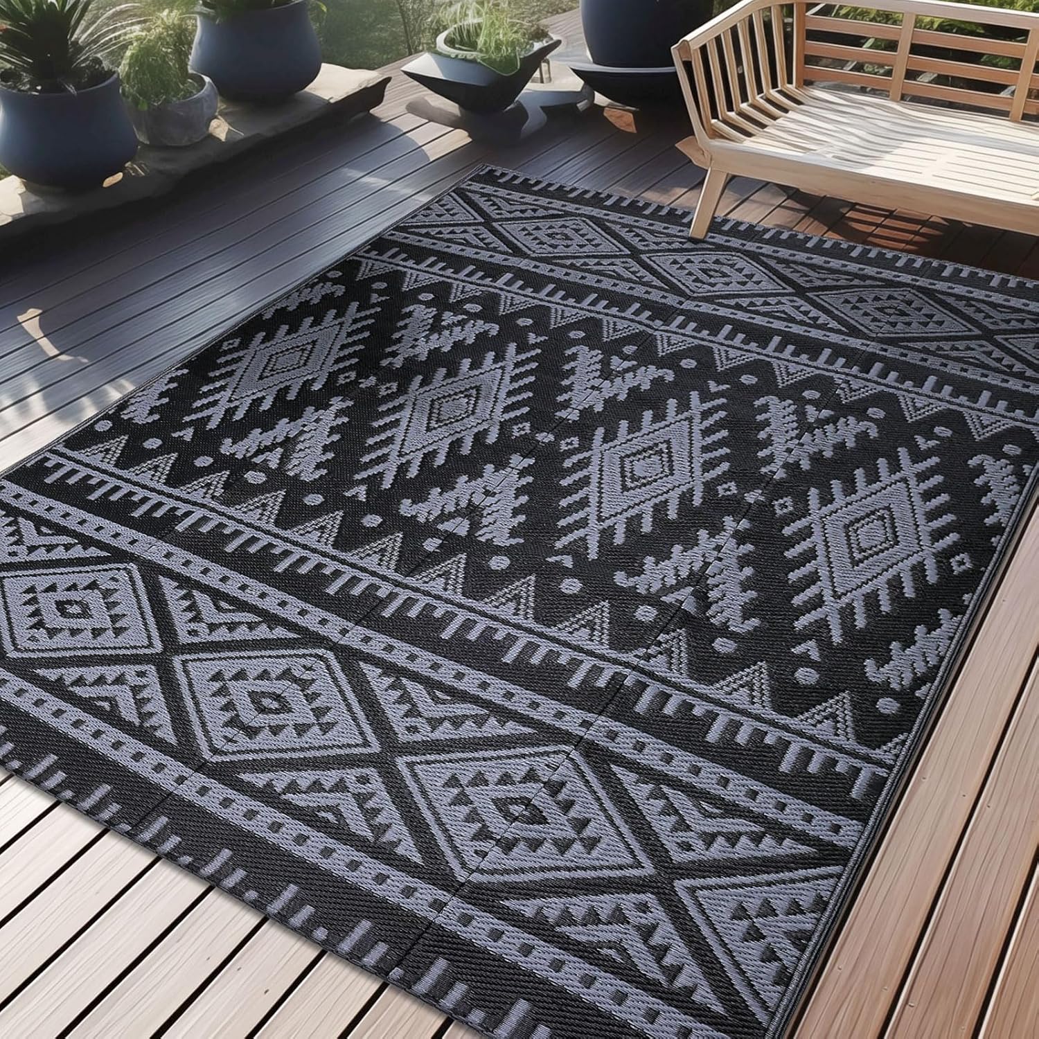 OLANLY Outdoor Rug Waterproof 5x8 ft, Reversible Outdoor Plastic Straw Rug, Boho Patio Rug, Indoor Outdoor Carpet, RV Mat Outside for Patio, Camp, Picnic, Balcony, Deck, Backyard, Black & Grey