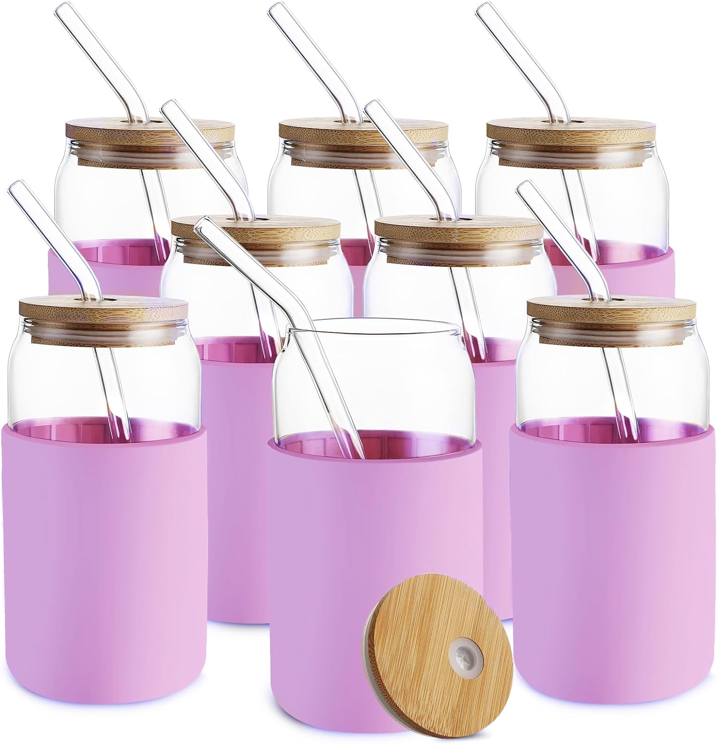 Glass Cups with Bamboo Lids and Straws 8pcs Set, 20oz Can Shaped Cute Tumbler Cup with Cleaning Brushes, Beer Glasses, Iced Coffee Cups with Silicone Protective Sleeve BPA Free, Purple