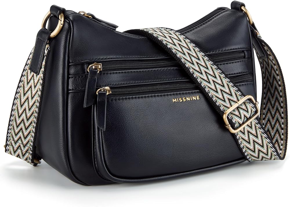 Missnine Crossbody Bags for Women Leather Purses Trendy Multi Pocket Shoulder Handbags with Adjustable Guitar Strap