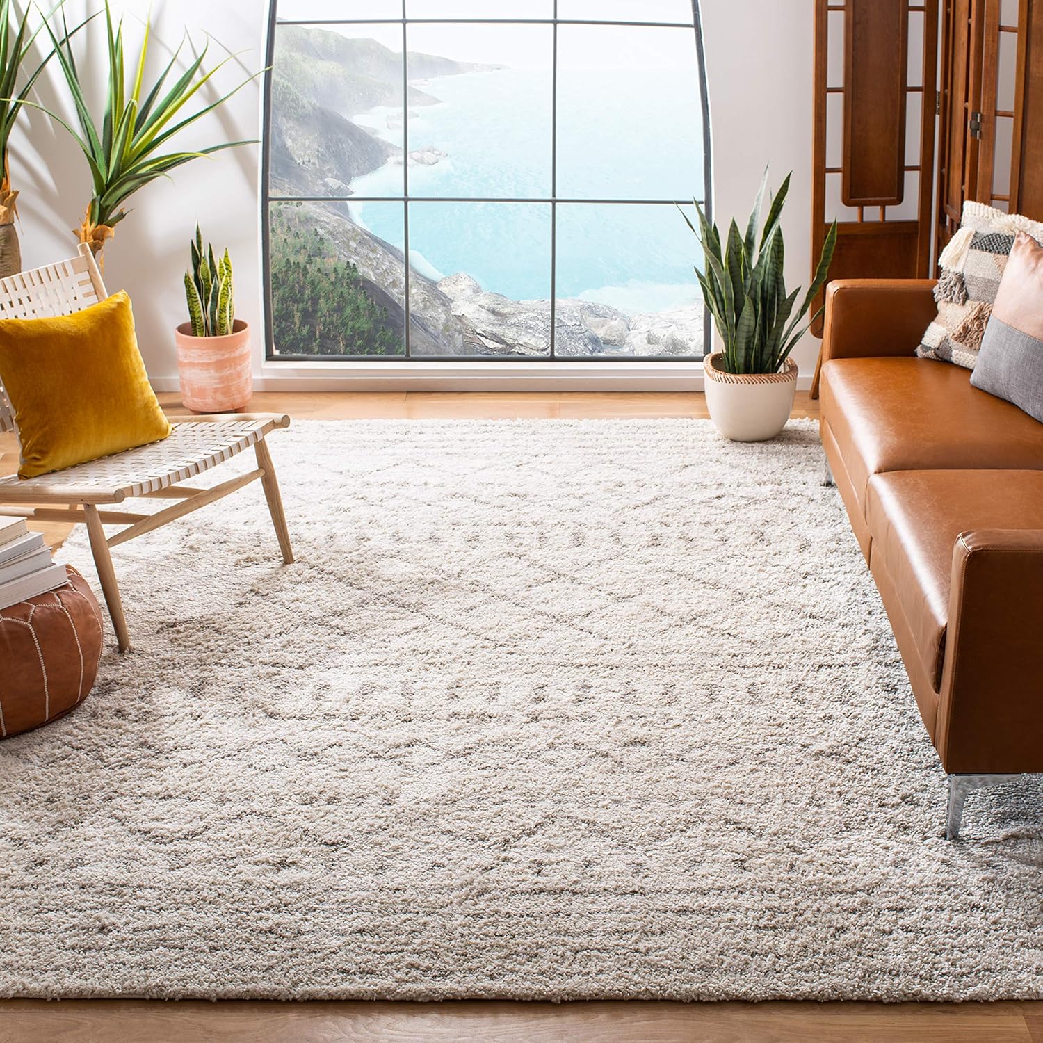 SAFAVIEH Arizona Shag Collection Area Rug - 6'7 x 9'2, Ivory & Beige, Moroccan Design, Non-Shedding & Easy Care, 1.6-inch Thick Ideal for High Traffic Areas in Living Room, Bedroom (ASG741A)