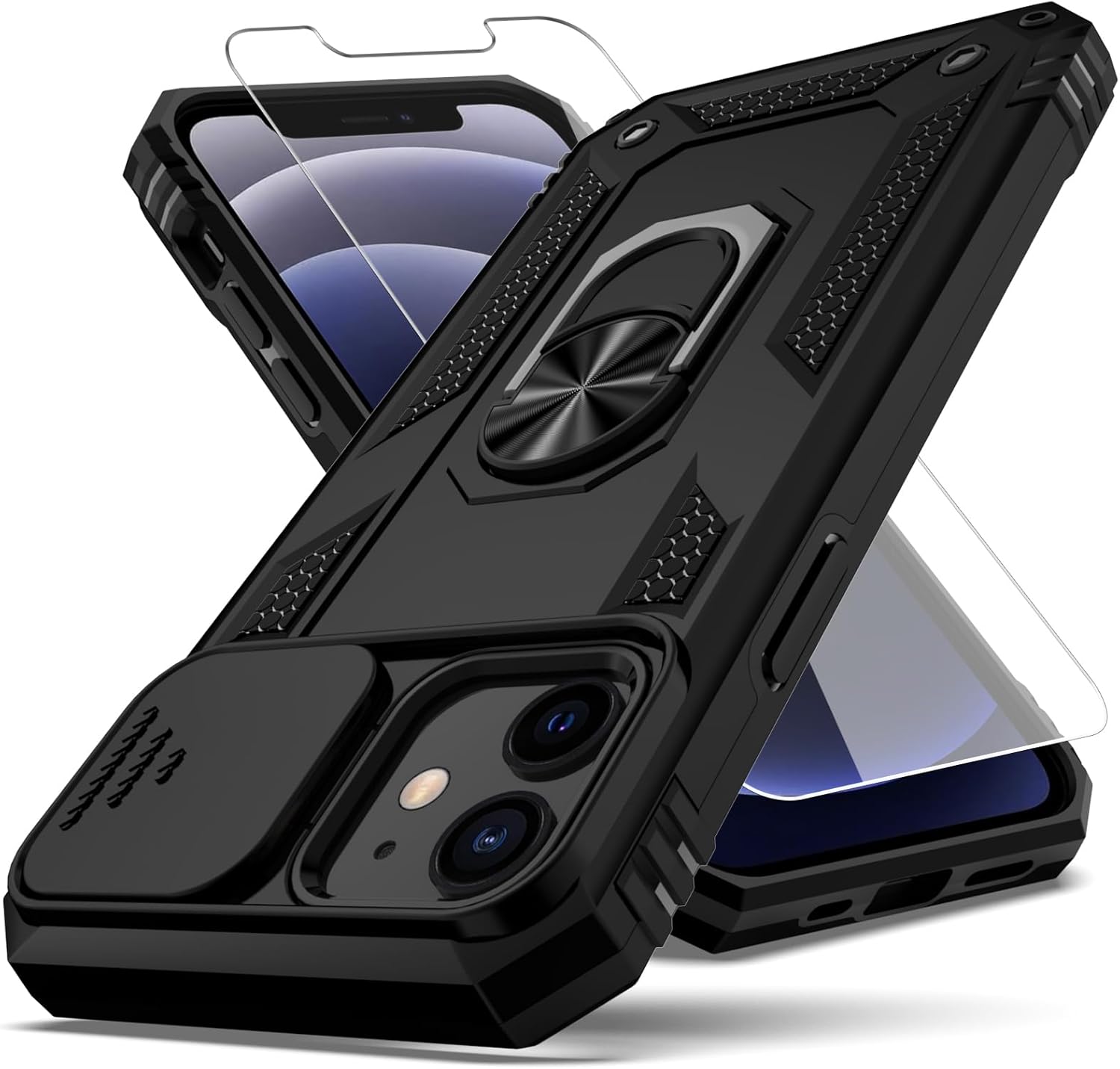 for iPhone 12 Case,with Camera Lens Cover HD Screen Protector,[Military Grade] Ring Car Mount Kickstand Hybrid Hard PC Soft TPU Shockproof Protective Case for iPhone 12, Black