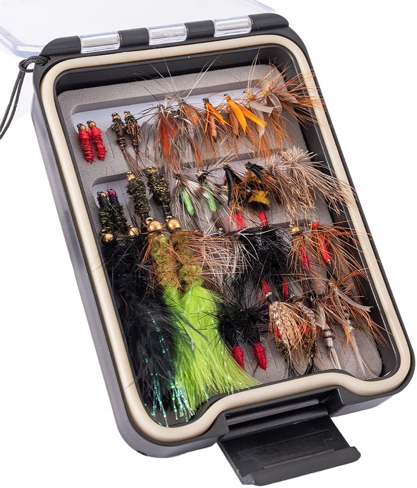 36PCS Fly Fishing Flies Kit, Hand Tied Trout Bass Fly Assortment with Fly Box, Dry Wet Nymph Flies Streamers Fly Fishing Gear Gift