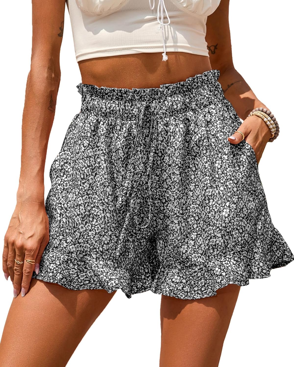 BTFBM Women' Summer Shorts 2024 Floral Elastic High Waisted Belted Casual Beach Ruffle Short Lounge Pants with Pockets