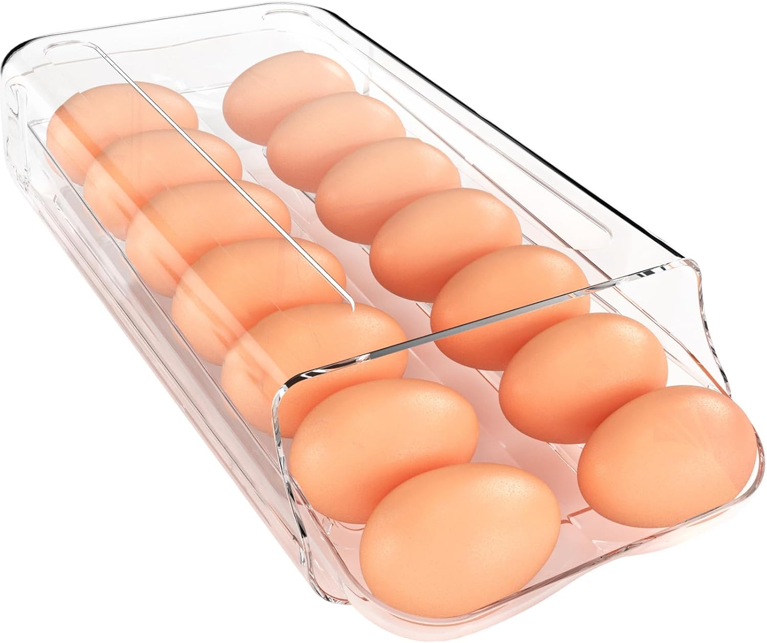 theaoo Egg Holder for Fridge, Automatic Rolling Egg Container for Refrigerator, Clear Plastic Egg Dispenser, Stackable Eggs Organizer with Quick Removable inner Tray For Organizers and Storage, 1 Pack