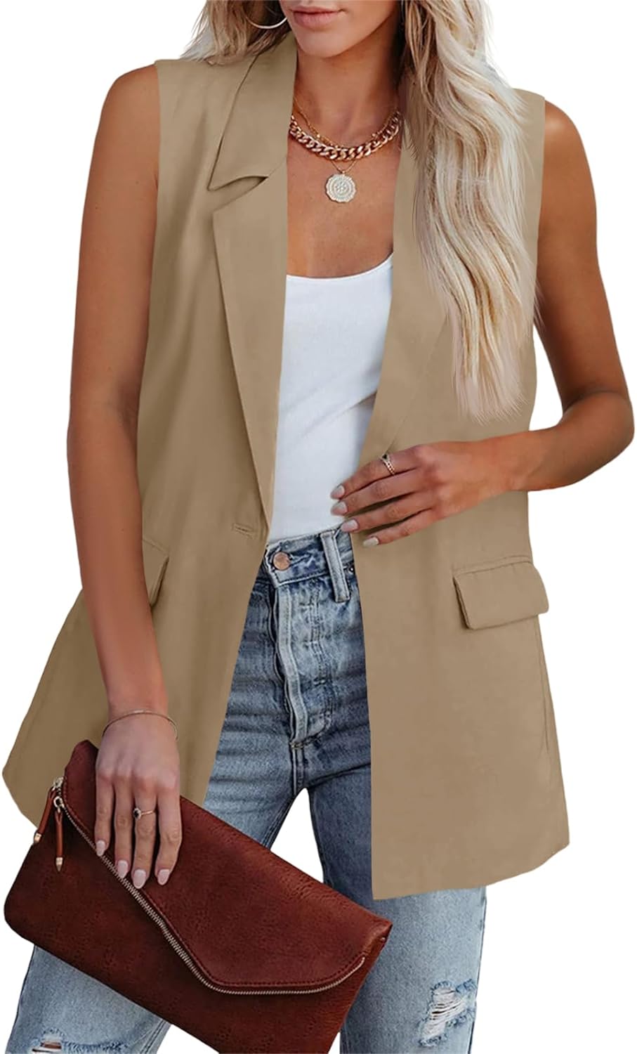 Cicy Bell Women's Sleeveless Blazer Vest Casual Open Front Single Button Summer Jacket with Pockets