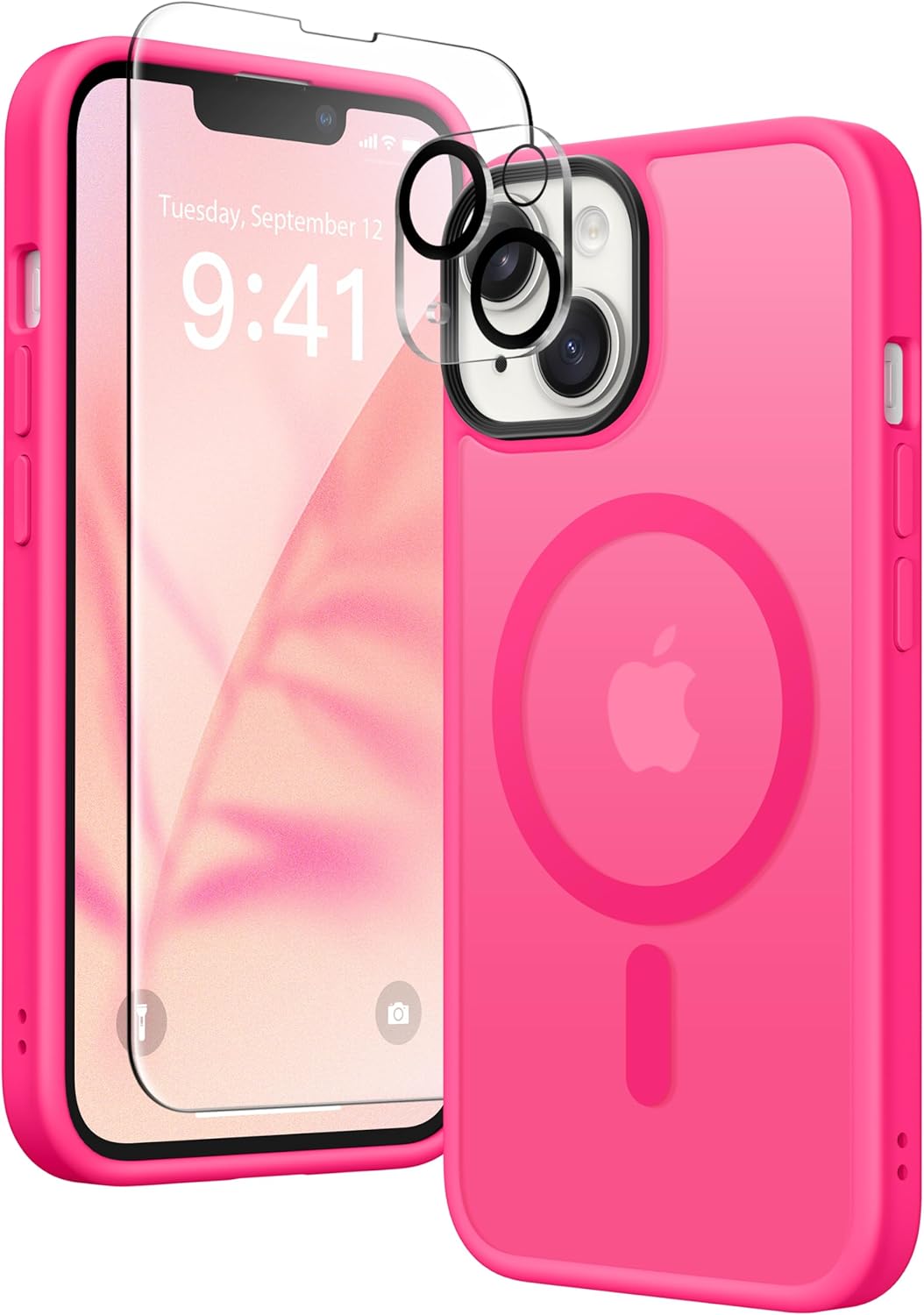 Magnetic for iPhone 14 Case,Compatible with MagSafe,[2 Screen Protector & 2 Camera Cover][Anti-Fingerprint] Slim Translucent Matte Shockproof Phone Protective Case for iPhone 14 6.1(Hot Pink)