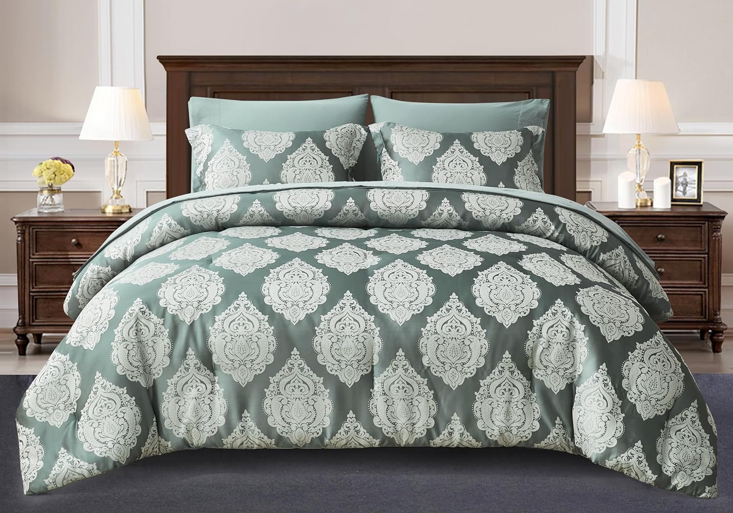 Chezmoi Collection Juliette 7-Piece Bed in a Bag Comforter Set California King - Luxury Medallion Jacquard Comforter Set with Sheets for All Seasons, Gray Green Smoke