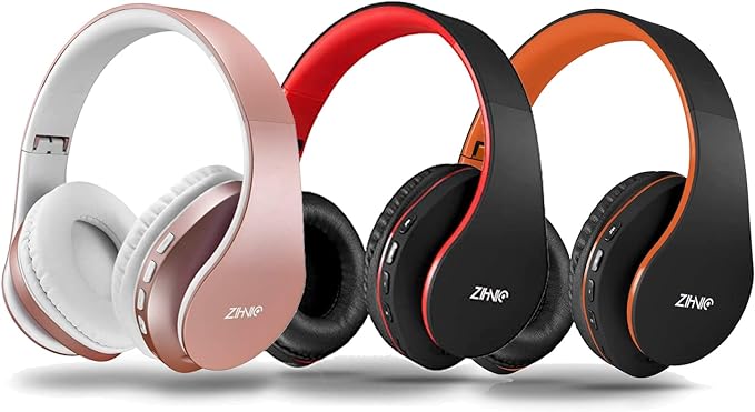 ZIHNIC 3 Items,1 Rose Gold Over-Ear Wireless Headset Bundle with 1 Black Red Over-Ear Wireless Headset and 1 Black Orange Foldable Wireless Headset