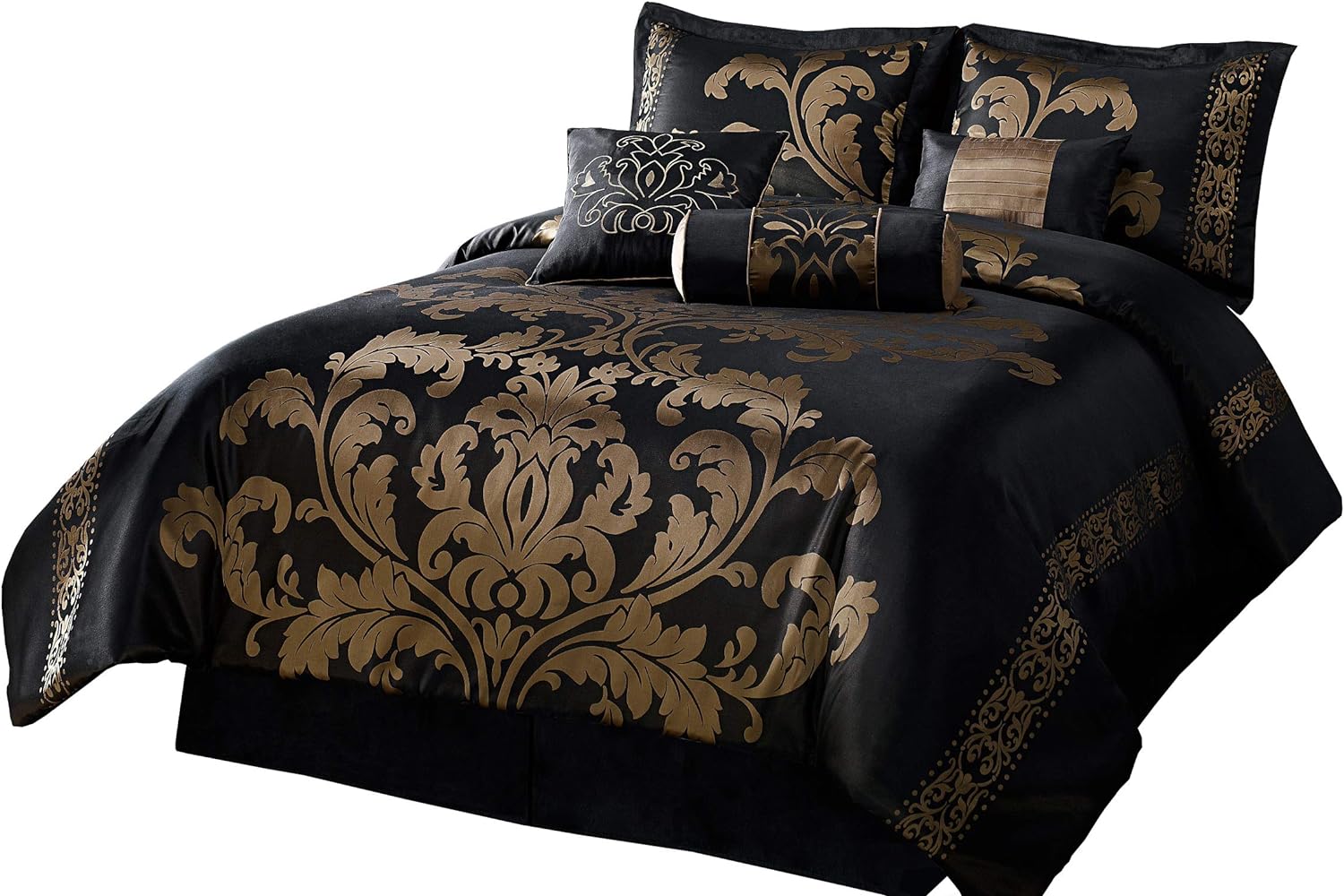 JD Home 7pcs Black Gold Jacquard Floral Bedding Comforter Set Queen Size