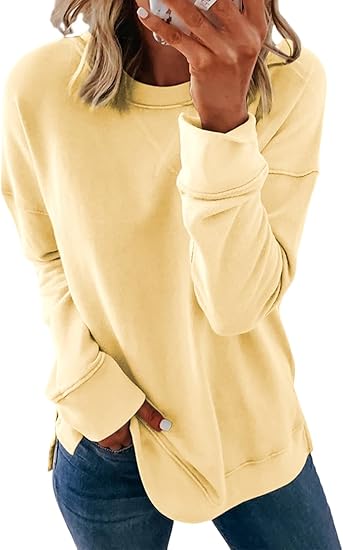 Dokotoo Womens Casual Long Sleeve Crewneck Sweatshirt Loose Fit Solid Basic Comfy Pullover Tunic Shirts Tops Blouse Side Split Fall 2024 Fashion Yellow Small