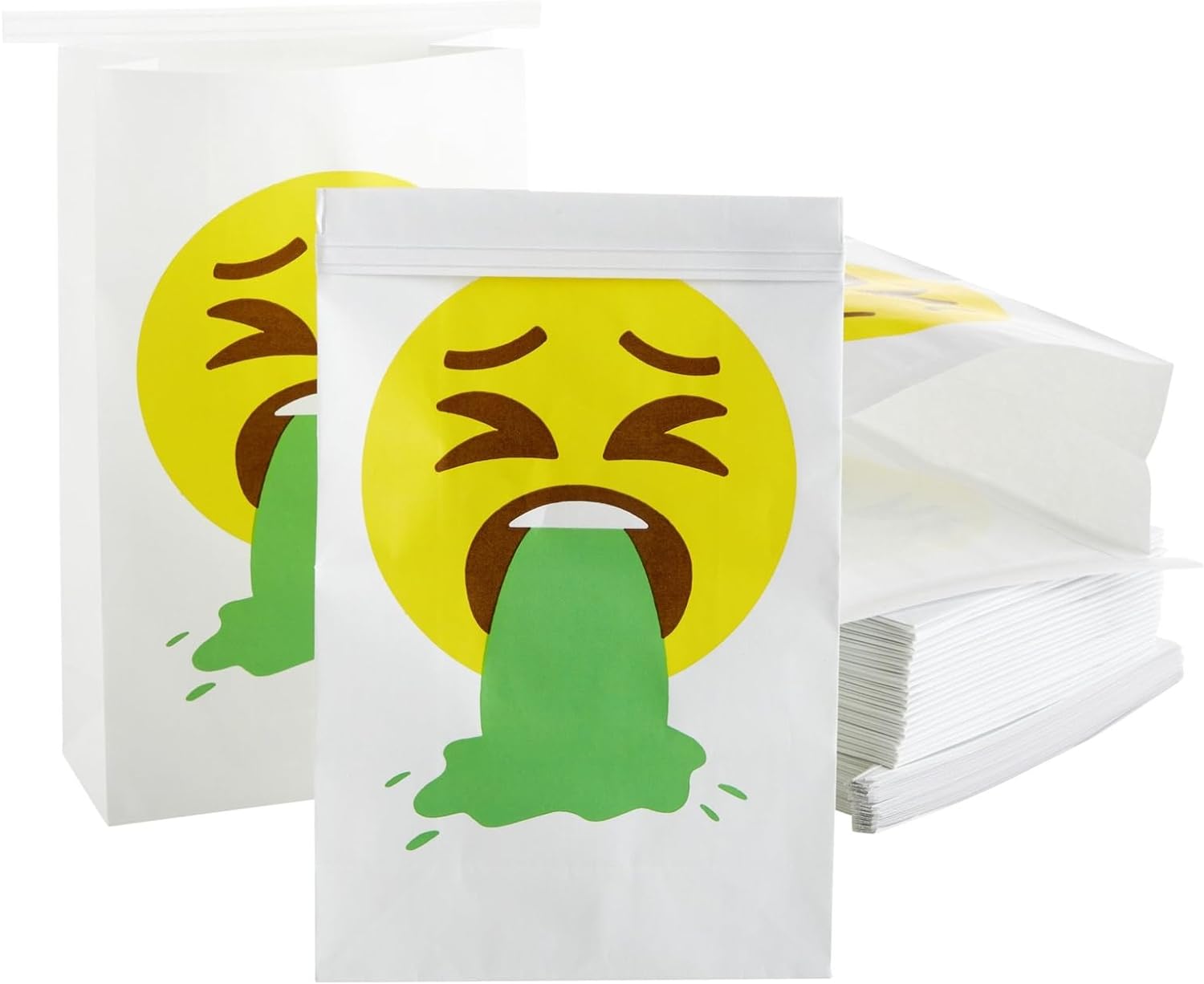 Juvale 50-Pack Vomiting Emoji Print Barf Bags - Disposable Vomit Bags for Travel Motion Sickness, Pregnancy, Illness for Children and Adults (White, 6x2.7x10 in)