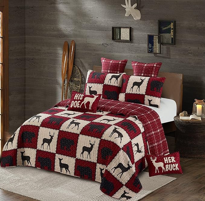 Virah Bella 3 Piece King Cabin Quilt Bedding Set - Stitched Forest - Vermilion - Rustic Country Reversible Patchwork Comforter Set with Decorative Pillow Shams