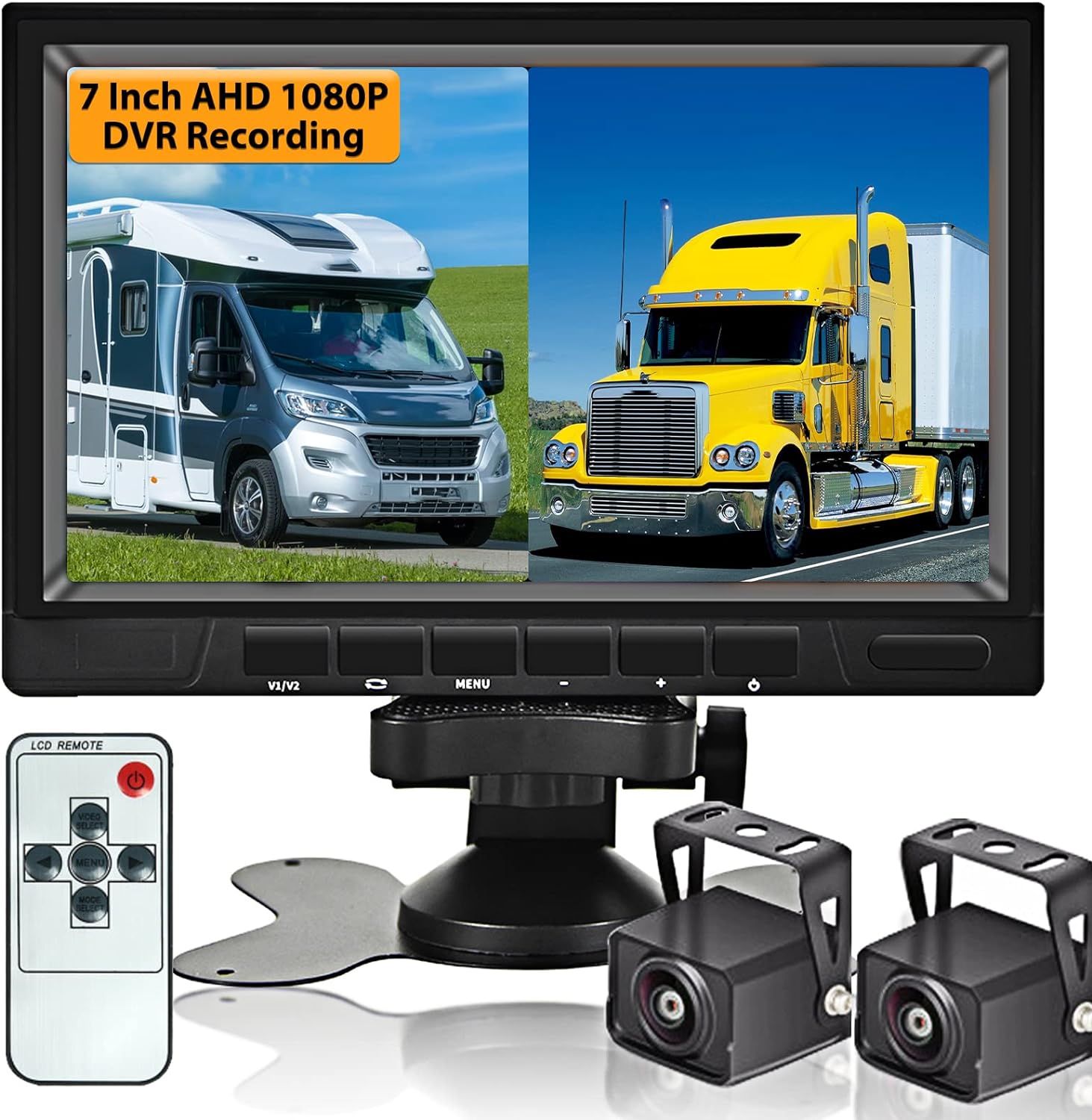 AHD Dual Backup Camera with 7'' 1080P DVR Monitor, Front and Rear View Camera Waterproof Night Vision Reversing Camera for Truck Pick Up RV Camper Bus 12V-36V