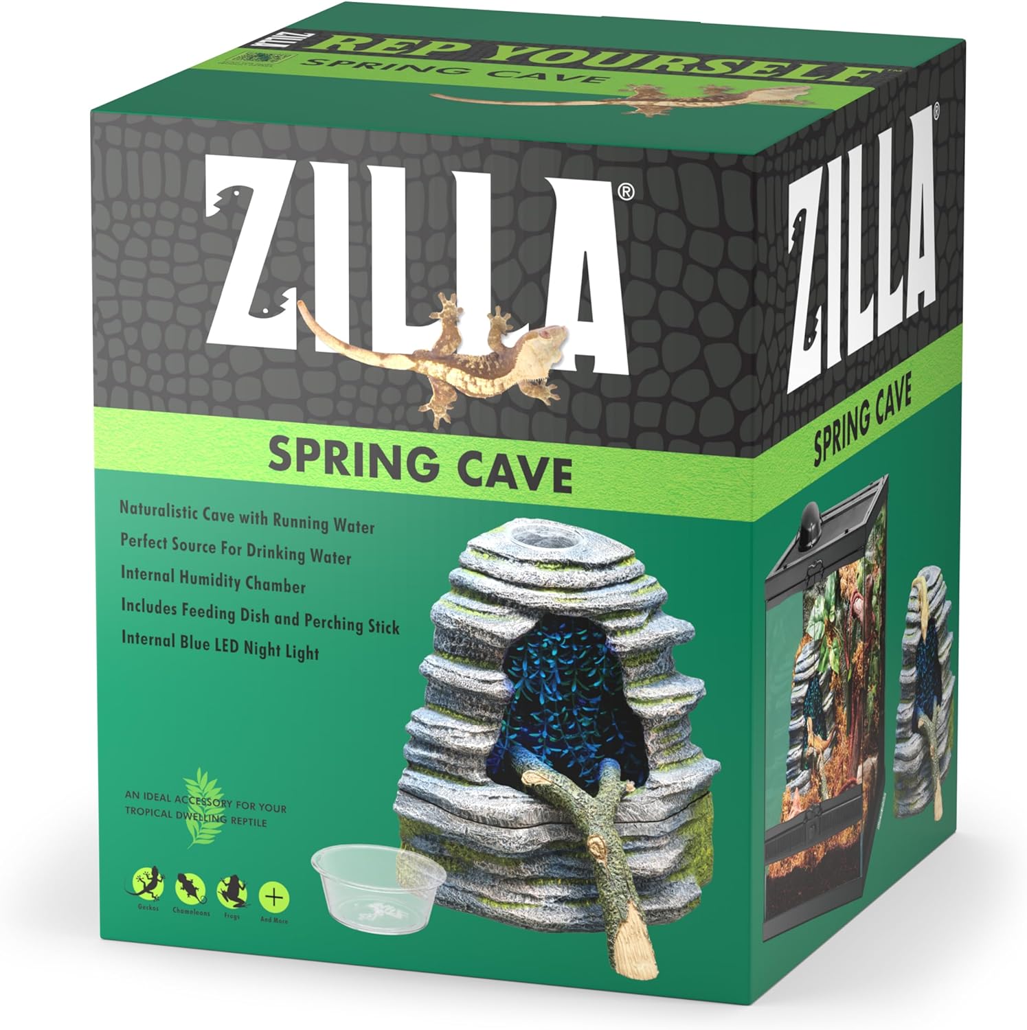 Zilla Spring Cave Dcor with Blue LED, Rain Chamber, One Size, ECOM