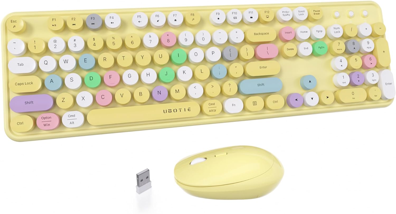 UBOTIE Colorful Computer Wireless Keyboard Mouse Combos, Typewriter Flexible Keys Office Full-Sized Keyboard, 2.4GHz Dropout-Free Connection and Optical Mouse (Yellow-Polychrome)