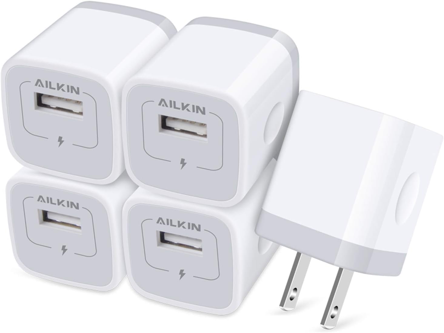 AILKIN USB Charger Wall Plug, [5Pack-1Port] Fast Charging Outlet AC Power Adapter Block Cube for iPhone, iPad, Samsung, Camera, Android or Type C Phones & Tablets Charge Multiple USB Hub Station Base