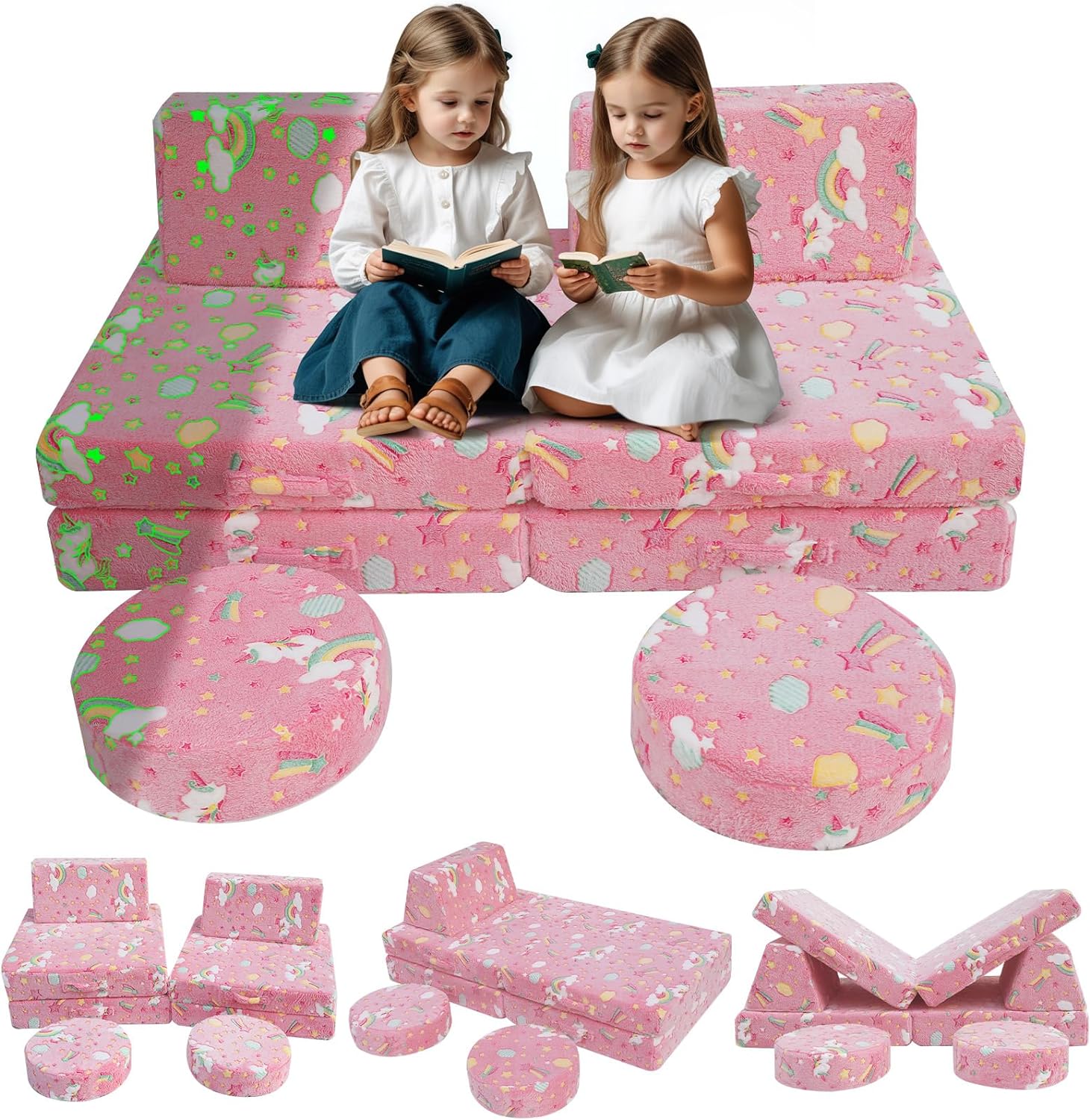 MeMoreCool Kids Couch Glow Sofa Modular Toddler Couch for Playroom, 8-Piece Fold Out Baby Couch Play Set, Children Convertible Sofa Foam Couch