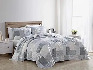 Chezmoi Collection Anderson 3-Piece Printed Patchwork Quilt Set - Plaid Checkered Stripe Coverlet - Pre-Washed Microfiber Lightweight Reversible Bedspread, King Size