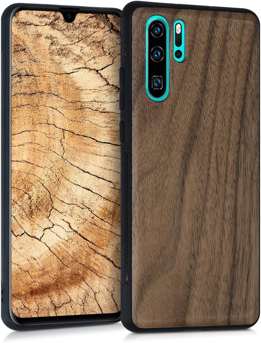 kwmobile Real Wood Case Compatible with Huawei Case - Hard Wooden Cover w/TPU Bumper - Dark Brown