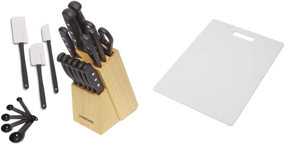 Farberware 22-Piece Never Needs Sharpening Triple Rivet High-Carbon Stainless Steel Knife Block and Kitchen Tool Set, Black & 78892-10 Farberware Plastic Cutting Board, 11-inch by 14-inch, White