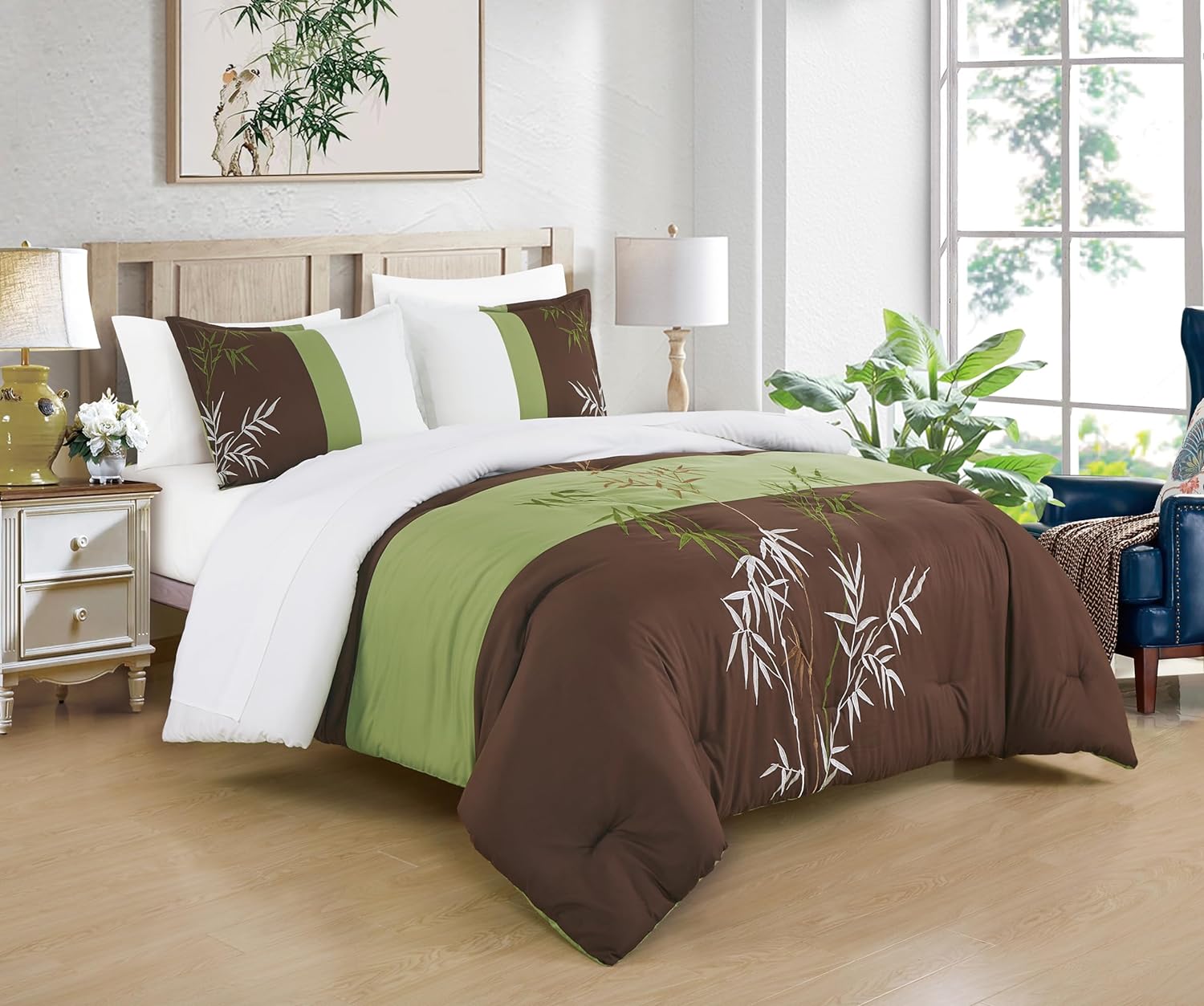 Chezmoi Collection Simon 7-Piece Bamboo Embroidered Bed in a Bag Comforter Set Full Size - Sage Green Brown Ivory Bamboo Grass Microfiber Comforter Bedding with Sheet Set