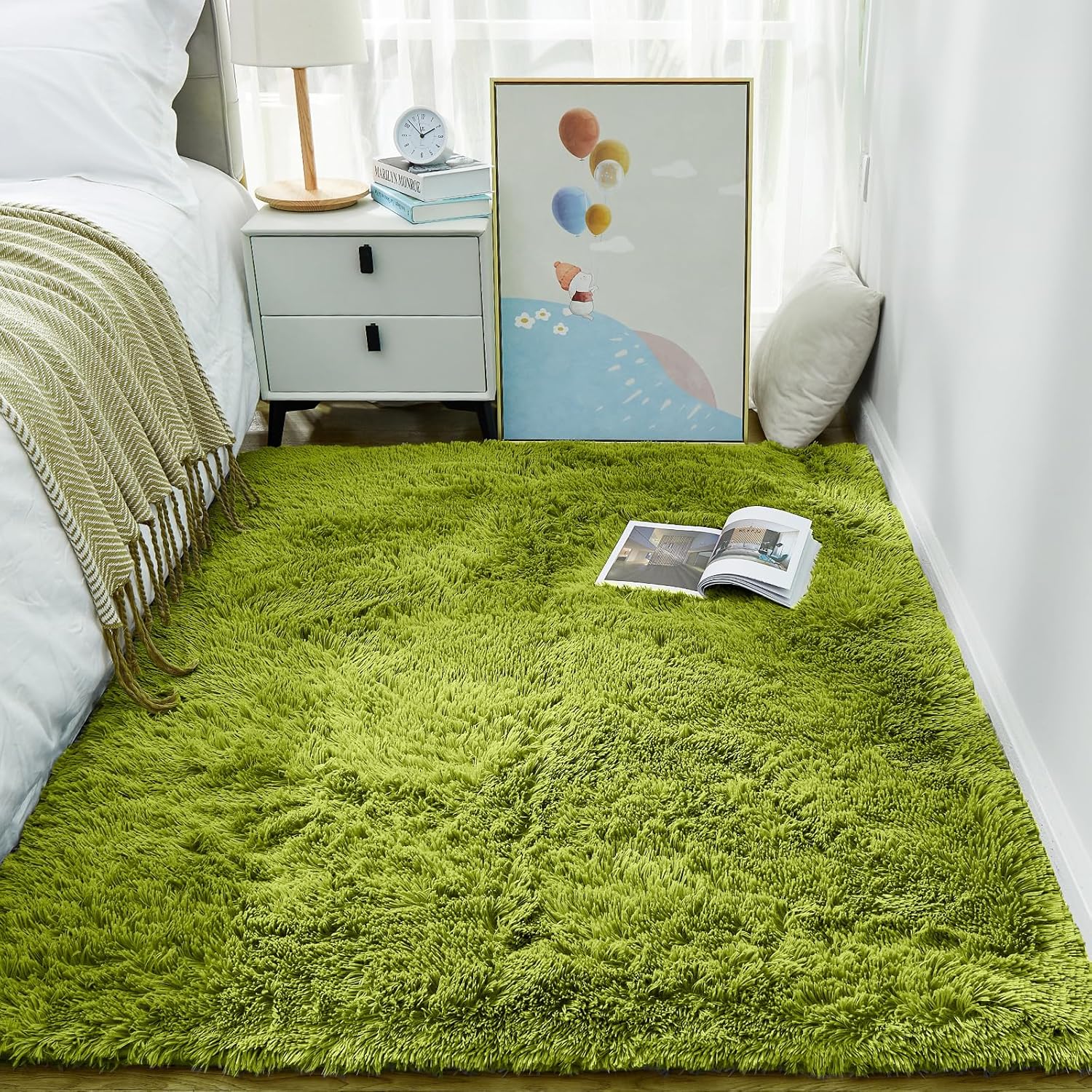 Ophanie 3x5 Green Grass Runner Rug, Bedside Preppy Dorm Area Rug, College Essentials Non Slip Small Carpets for Bedroom, Anti Slip Fluffy Living Room Rugs Home Decor Aesthetic, Nursery