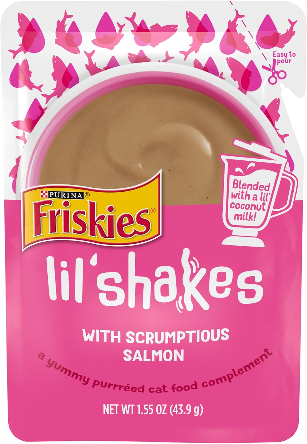 Purina Friskies Pureed Cat Food Topper, Lil Shakes With Scrumptious Salmon Lickable Cat Treats - (Pack of 16) 1.55 oz. Pouches