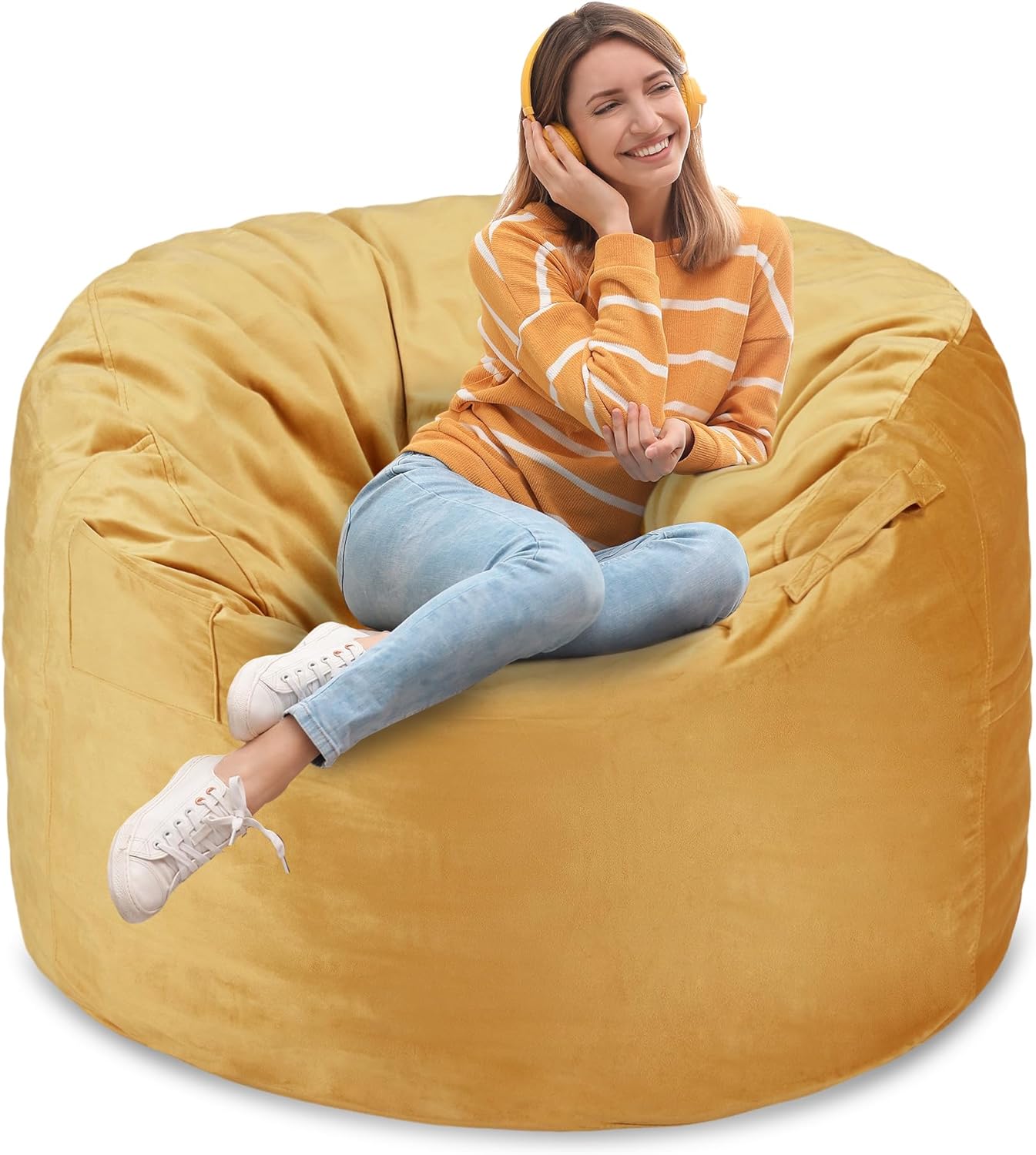Homguava Bean Bag Chair 3' Bean Bags with Memory Foam Filled, Large Beanbag Chairs Soft Sofa with Dutch Velet Cover-36×36"×24"(Mustard)