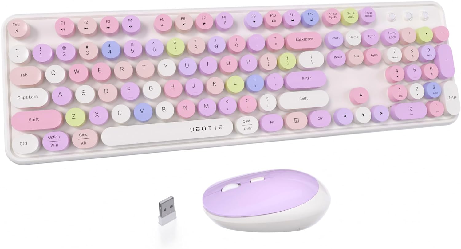 UBOTIE Colorful Computer Wireless Keyboards Mouse Combos, Typewriter Flexible Keys Office Full-Sized Keyboard, 2.4GHz Dropout-Free Connection and Optical Mouse (White-Colorful)