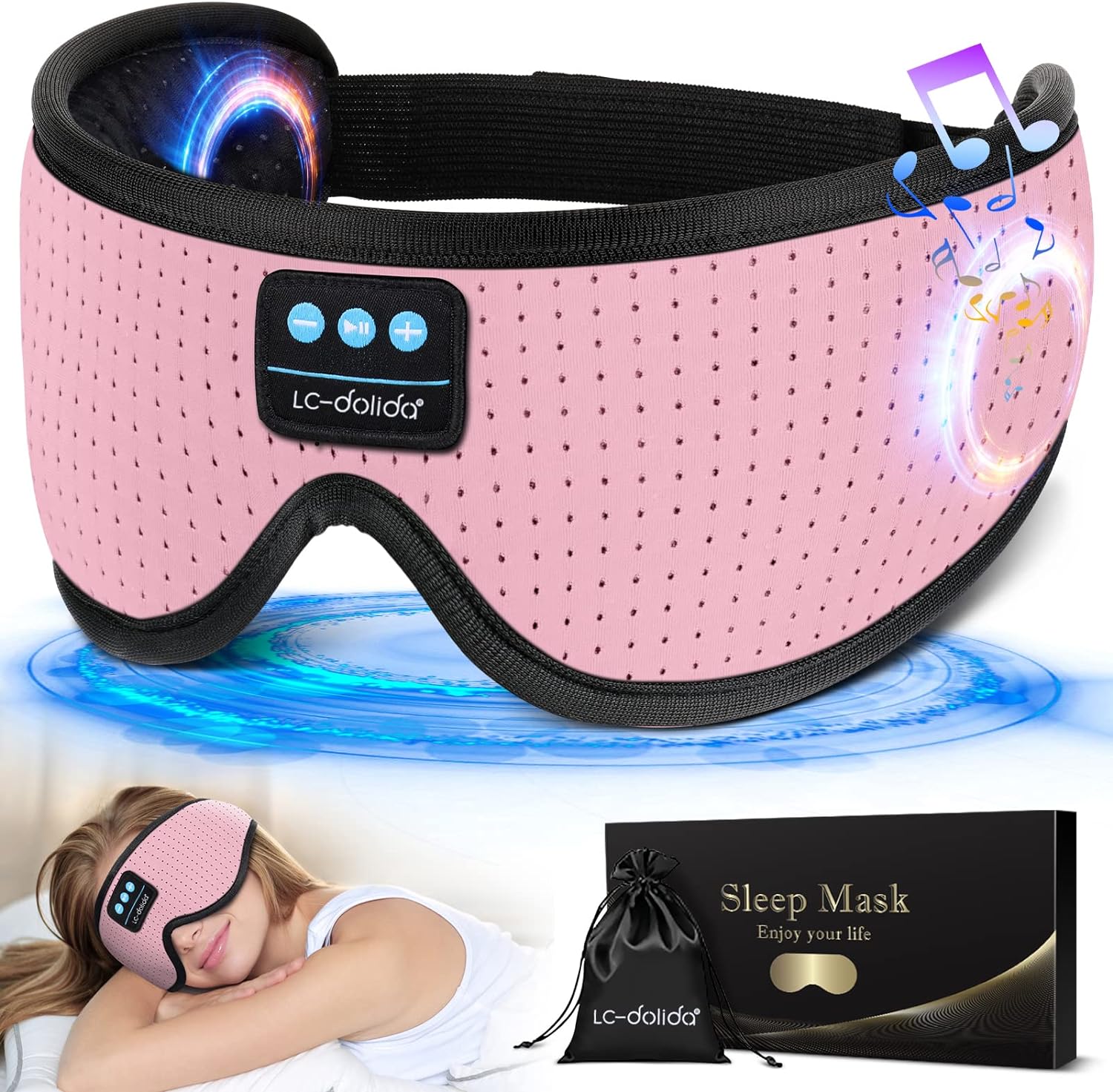 LC-dolida Sleep Headphones, Silk Sleep Mask Bluetooth Wireless Music Eye Mask, Sleeping Headphones for Side Sleepers Sleep Mask with Bluetooth Headphones Ultra-Thin Stereo Speaker Perfect for Sleeping