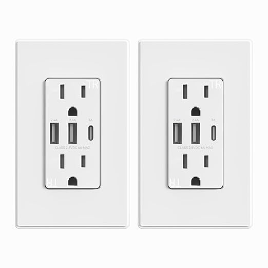 ELEGRP USB Outlets Receptacles, 3-Port USB C Wall Outlet, 30W 6.0A USB Electrical Outlet, 15 Amp Tamper-Resistant Outlet with USB C Ports, UL Listed, Screwless Wall Plate Included, 2 Pack, Matte White