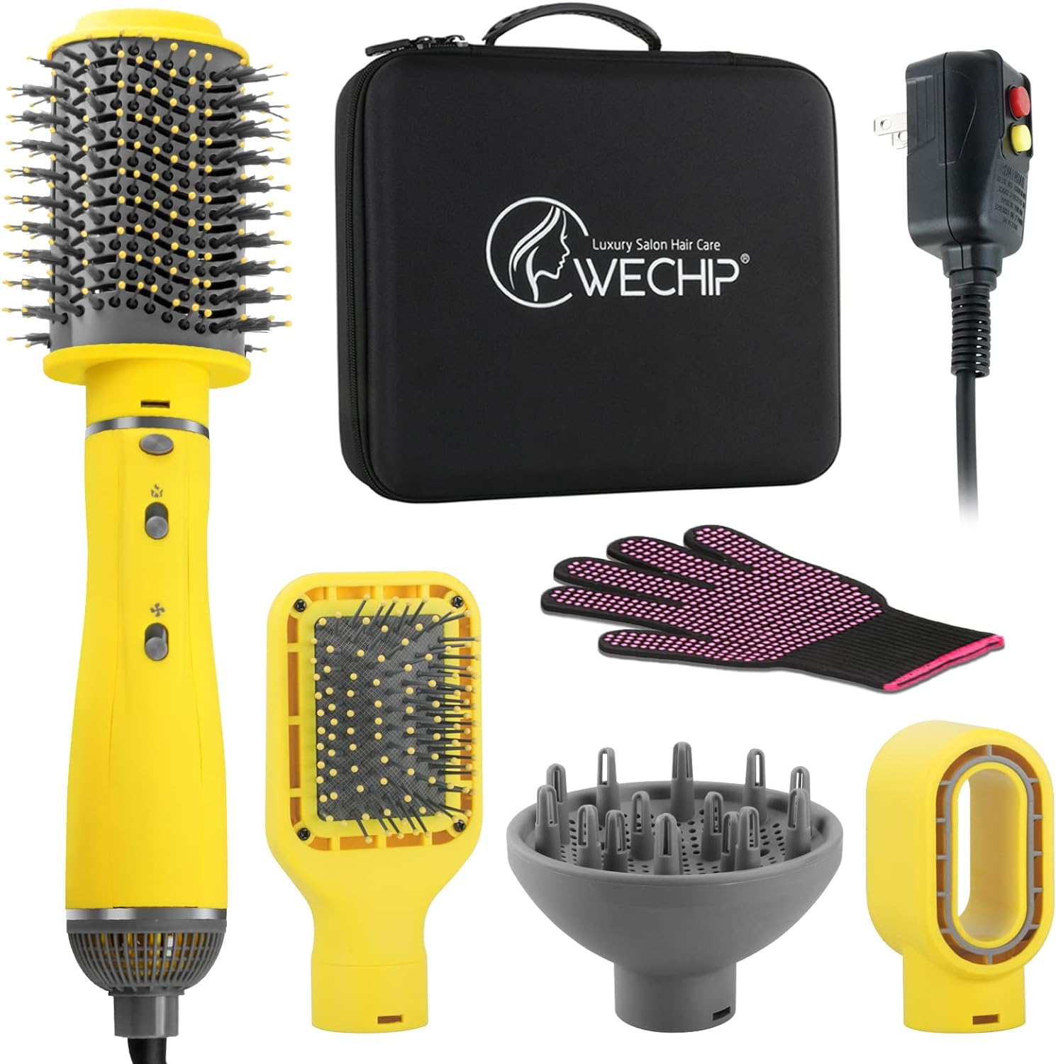 Hair Dryer Brush & Volumizing Styling, WeChip 4 in 1 Detachable Negative Ion Hair Dryer, Blow Dryer Brush for Straightening/Drying/Curling, with Carrying Case (Yellow)