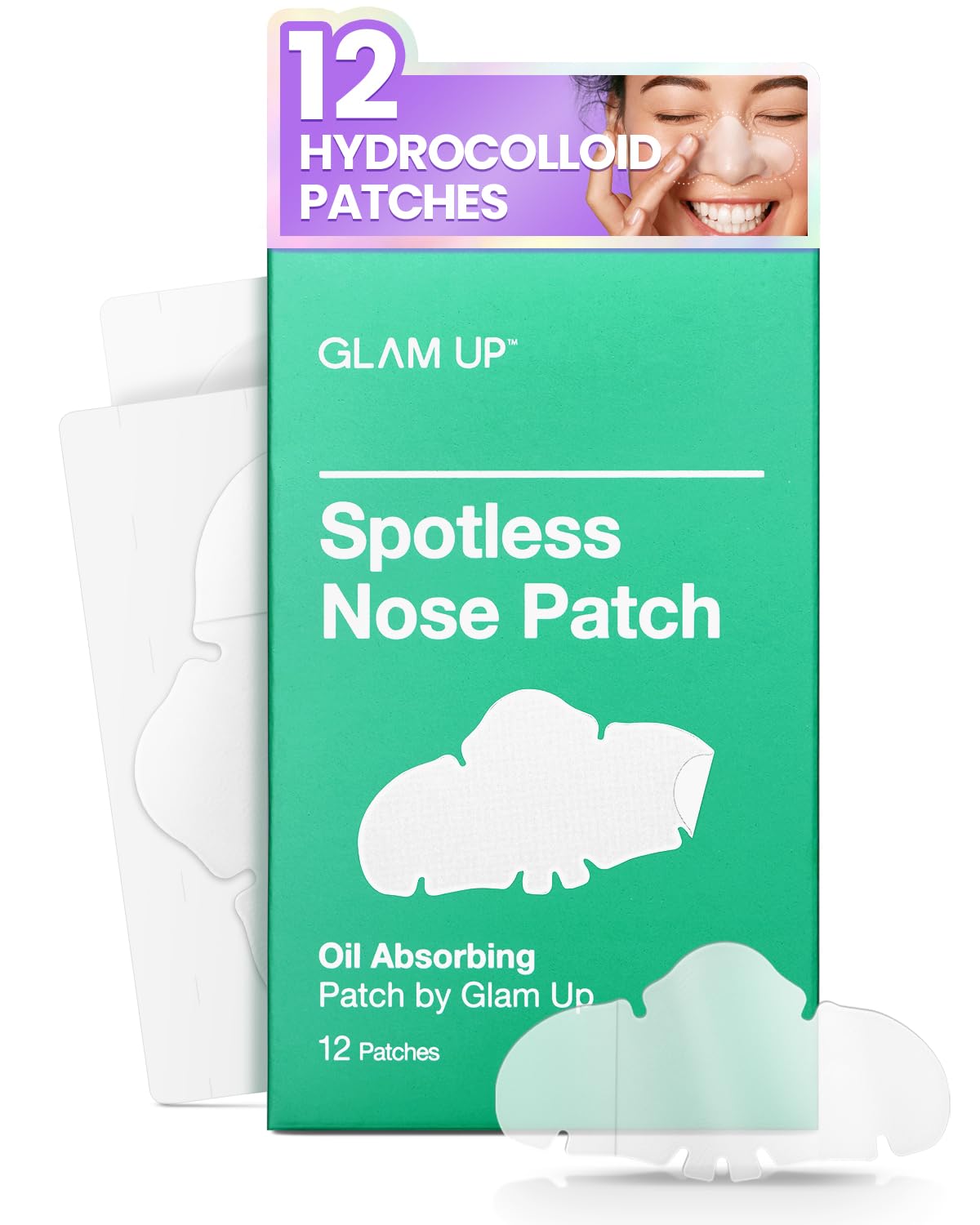 GLAM UP Spotless Nose Patch Hydrocolloid Coverage for Nose Pores, Zits and Oil - Overnight Strong Waterproof to Absorb Blackheads & Pimple Nose Gunk, and Calm with Tea Tree (12 Patches)