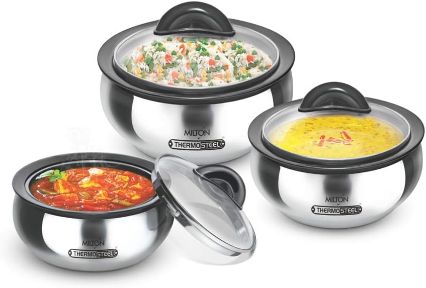 MILTON Clarion Jr. Inner Steel Casserole With Glass Lid, 570 ml, 1220 ml, 1950 ml (19 oz/ 41 oz/ 66 oz) Thermal Serving Bowl, Insulated Hot Pot, Keeps Food Hot & Cold BPA Free | Set of 3, Steelplain