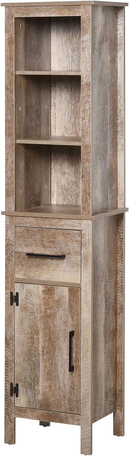 kleankin Tall Bathroom Storage Cabinet, Freestanding Linen Tower with 3-Tier Open Adjustable Shelves, and Drawer, Narrow Slim Floor Organizer