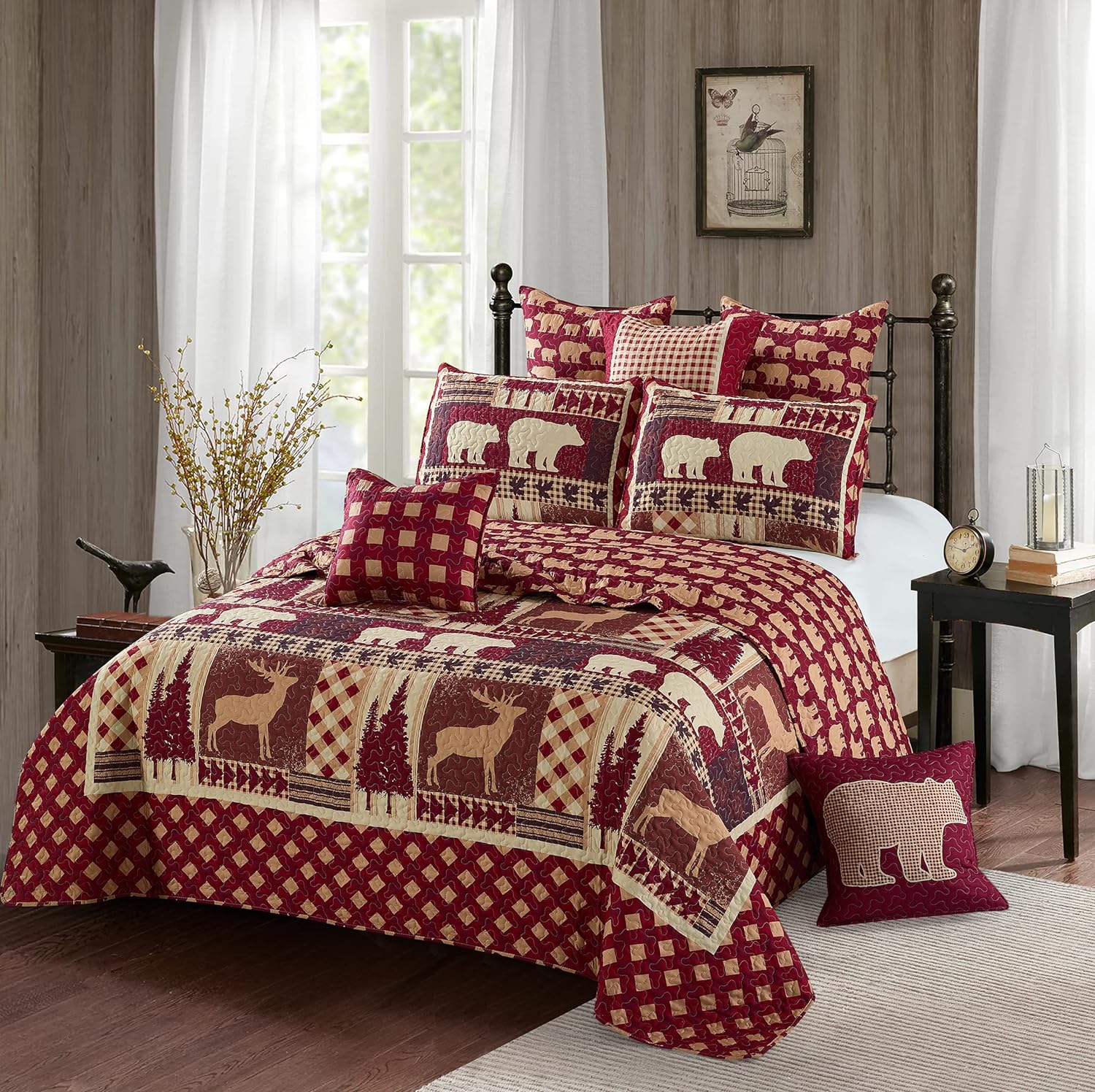 Virah Bella 3 Piece King Cabin Quilt Bedding Set - Autumn Forest - Rustic Country Reversible Patchwork Comforter Set with Decorative Pillow Shams