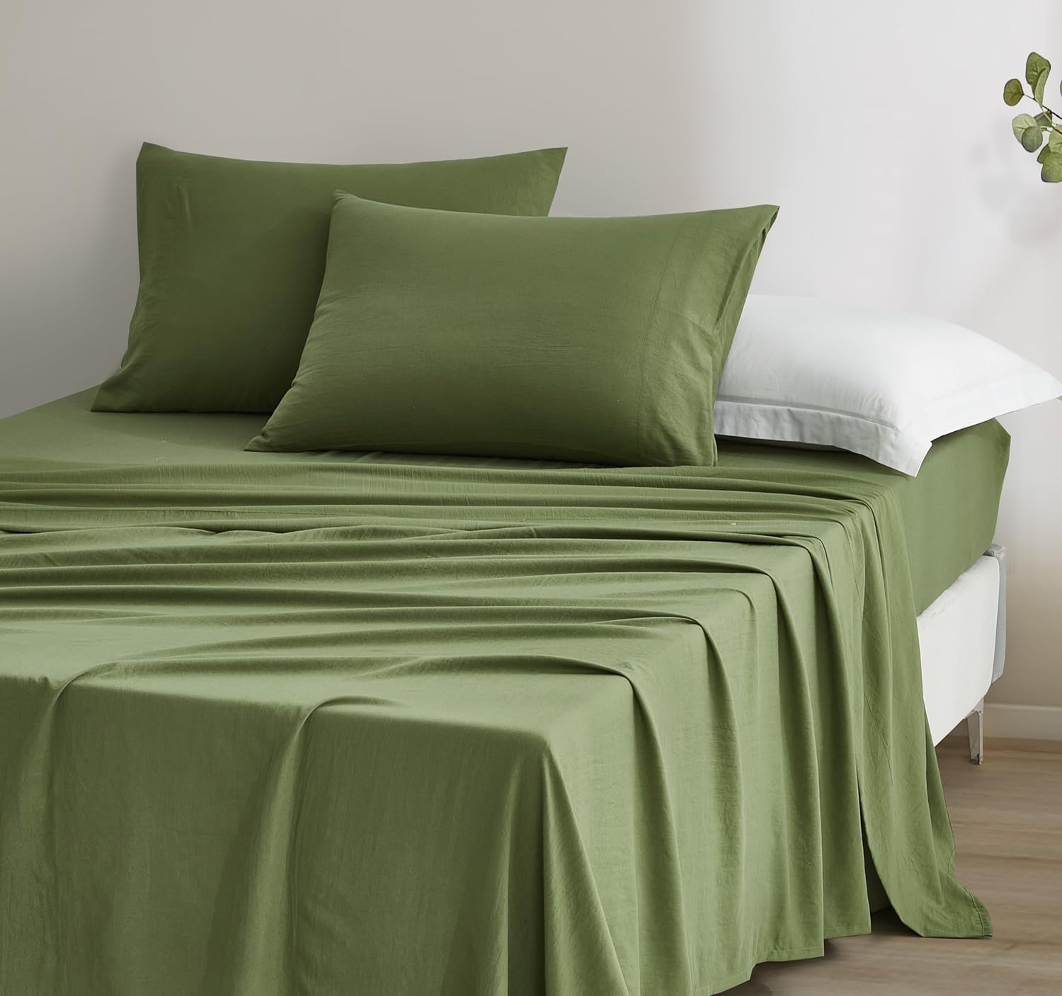 Chezmoi Collection Stone Washed Full Size Sheet Set - 4-Piece Extra Soft Breathable Wrinkle & Fade Resistant 14-Inches Deep Pocket Sheets & Pillowcases Set - Full, Olive Green