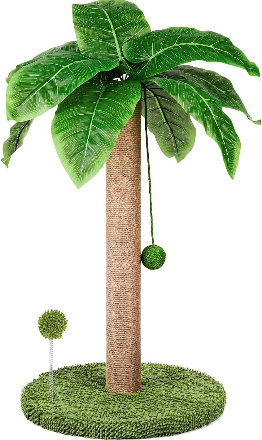 ZooZoo Cat Scratching Post, Cat Coconut Palm Tree for Indoor Cats with Natural Sisal Scratch Pole Hanging Sisal Ropes and Balls, Cute 33" Tall Cat Scratcher for Kittens - Upgraded Thicker Base