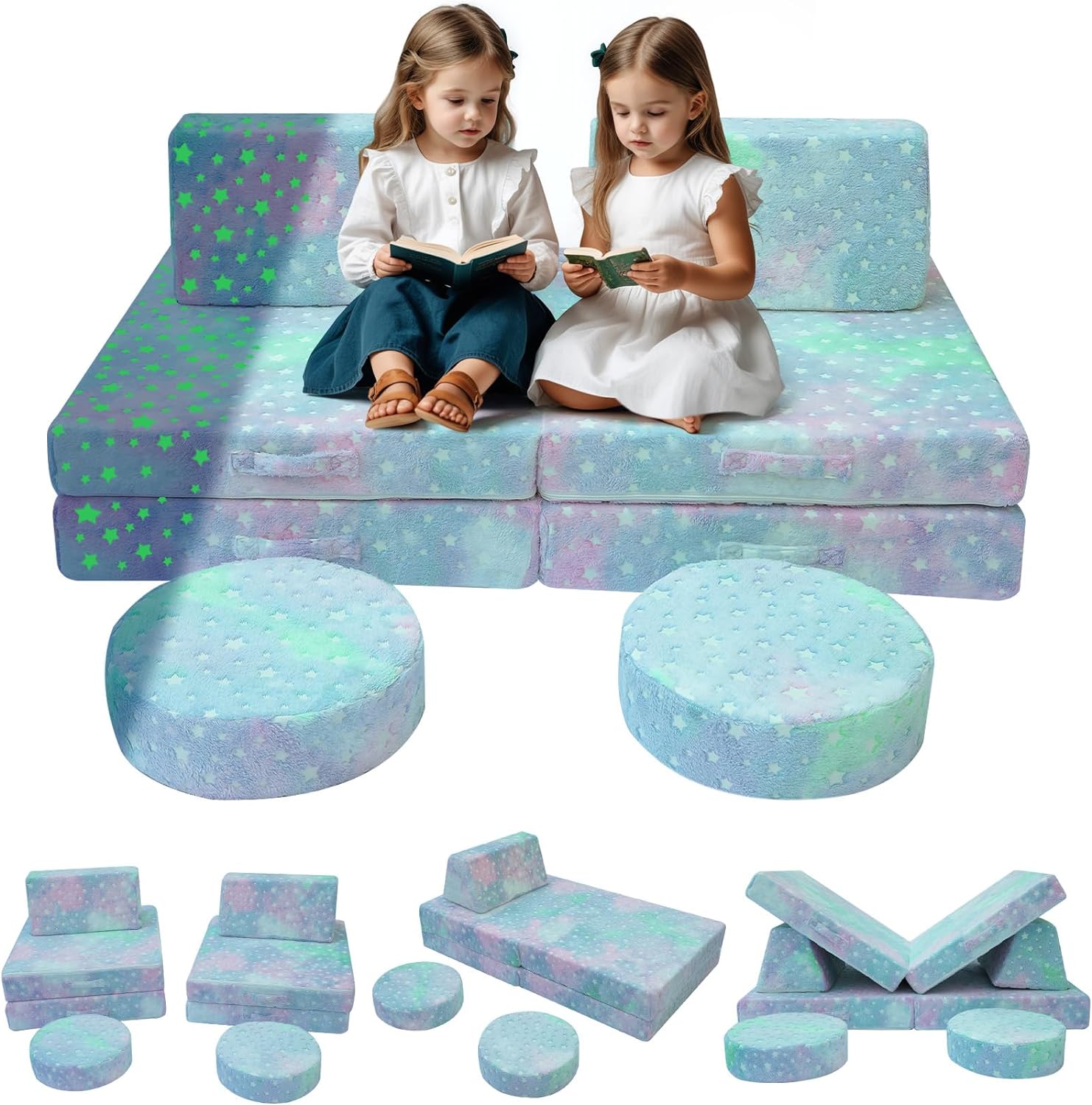 MeMoreCool Kids Couch Glow Sofa Modular Toddler Couch for Playroom, 8-Piece Fold Out Baby Couch Play Set, Children Convertible Sofa Foam Couch