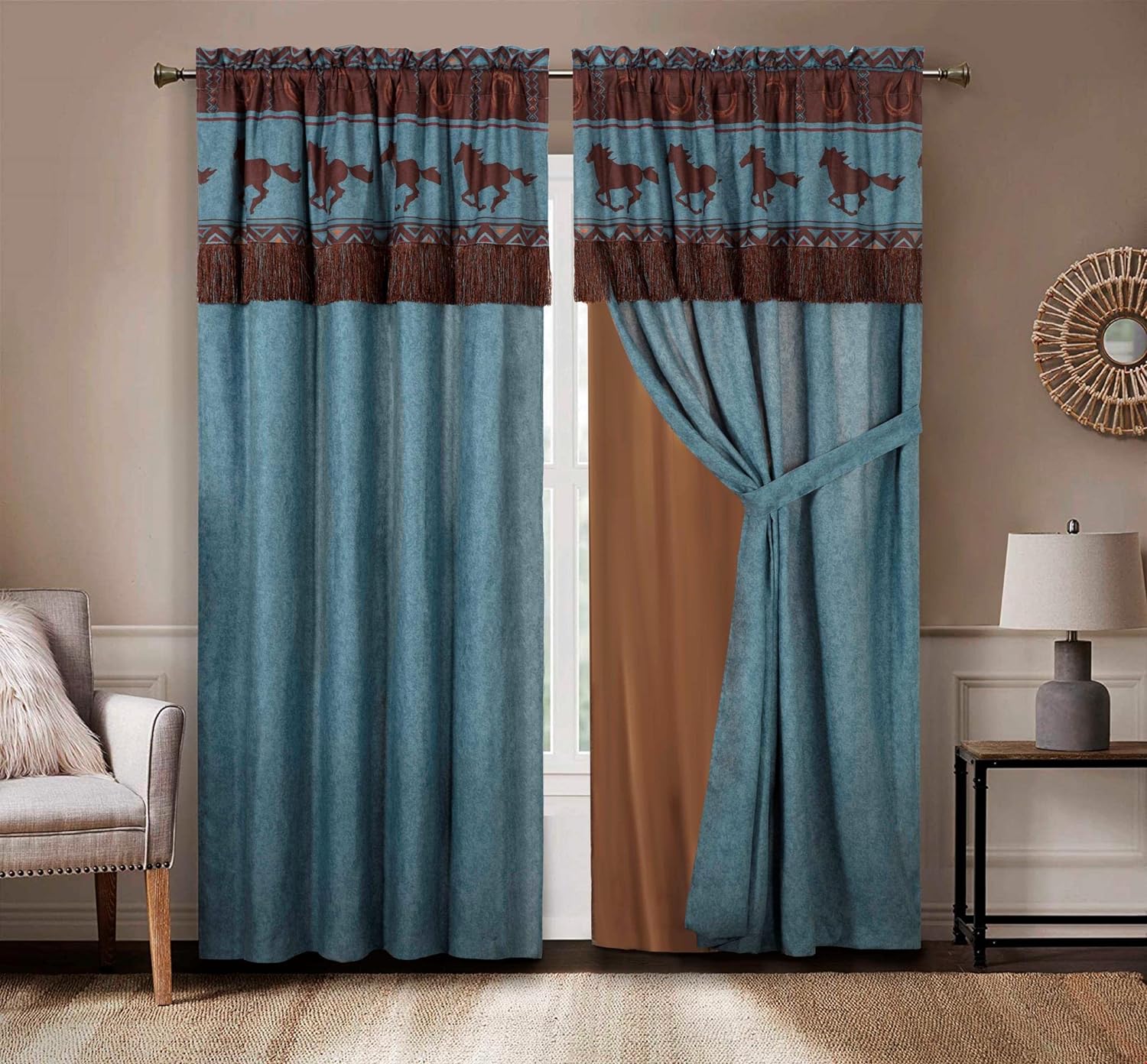 Chezmoi Collection Sedona 4-Piece Southwestern Wild Horses Window Curtain Set, Turquoise Blue