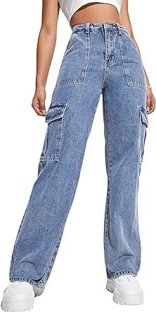 SweatyRocks Women&#39;s High Waist Cargo Jeans Flap Pocket Wide Leg Denim Pants