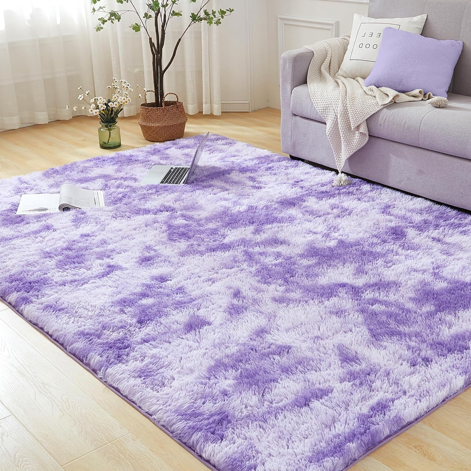 Andency 6x9 Shag Area Rug for Living Room, Tie-Dyed Purple Soft Fuzzy Plush Indoor Carpets for Bedroom, Non Skid Fluffy Faux Fur Rug for Nursery Kids Boys Girls Room