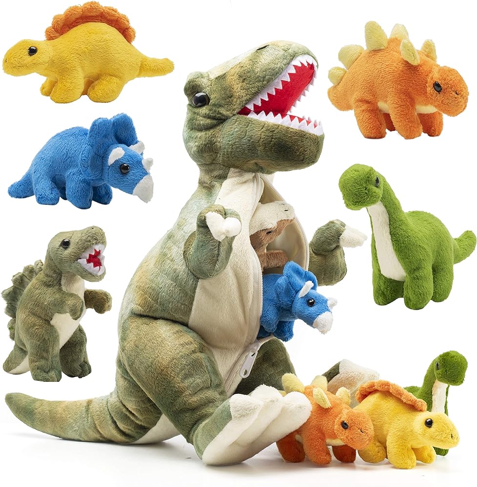 PREXTEX 15 T-rex Dinosaur Stuffed Animal Set w/ 4 Plush Dinosaur Toys Inside, Large Zippered Pouch for Boys & Girls, Colorful Dinosaur Plushies for Kids 3-5
