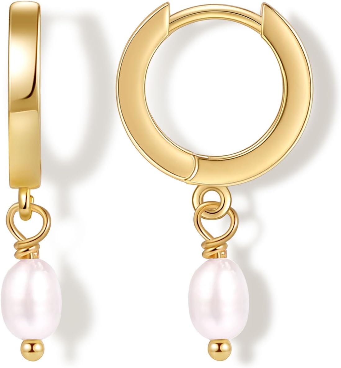 Fiusem Pearl Earrings for Women, 14K Gold Plated Small Hoops and Pearl Dangle Earring With 925 Sterling Silver Post