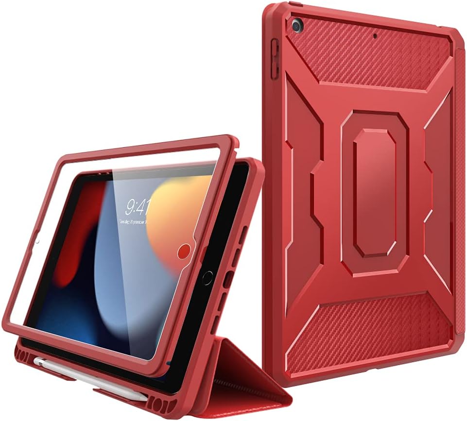 MoKo Case for New iPad 9th Generation 10.2 2021 / iPad 8th Gen 2020 / iPad 7th Gen 2019, iPad 10.2 Case,[Built-in Screen Protector + Pencil Holder] Full-Body Shockproof Cover,Auto Sleep/Wake,Red